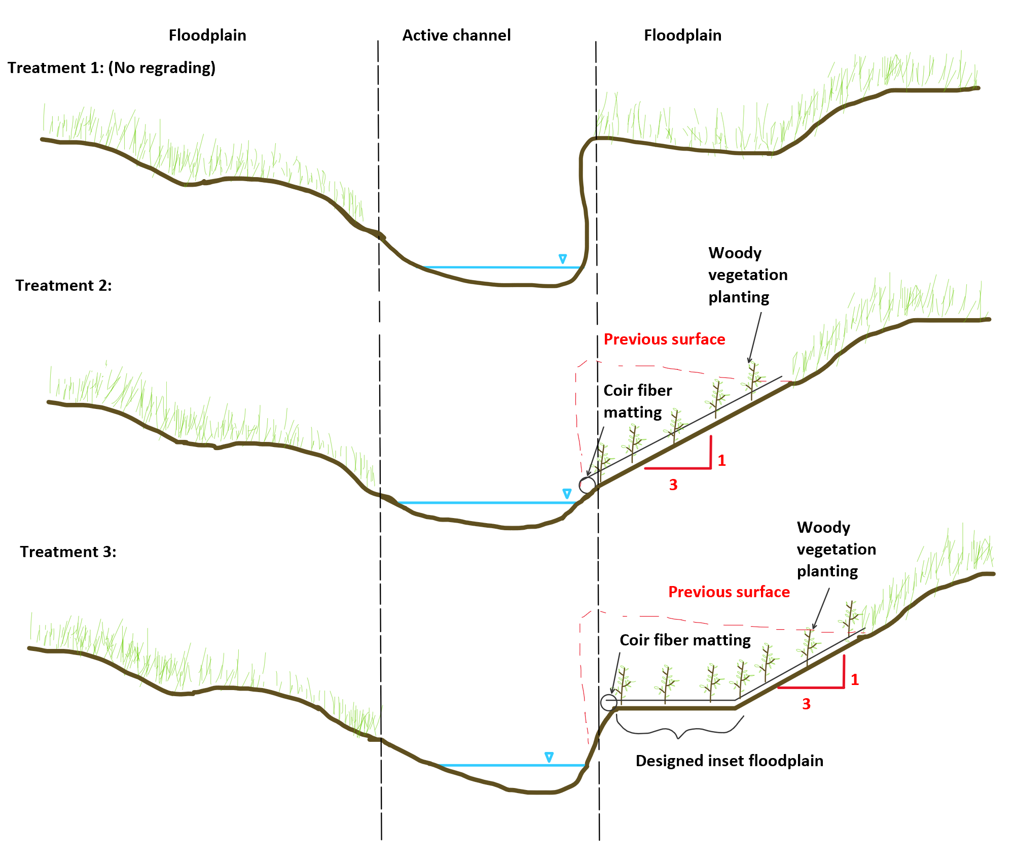 A color diagram of the three treatment areas in cross section immediately after restoration treatments were applied.